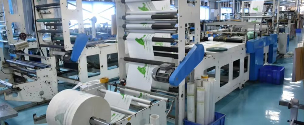 Images of the production process at a biodegradable bag factory